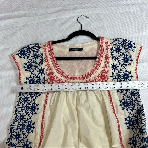 Theme Cream Blue Red Embroidered Smock 100% Cotton Tunic Top with Pockets - Picture 3 of 7